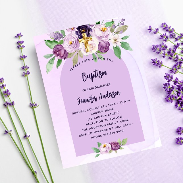 Baptism violet purple flowers budget invitation flyer (Creator Uploaded)