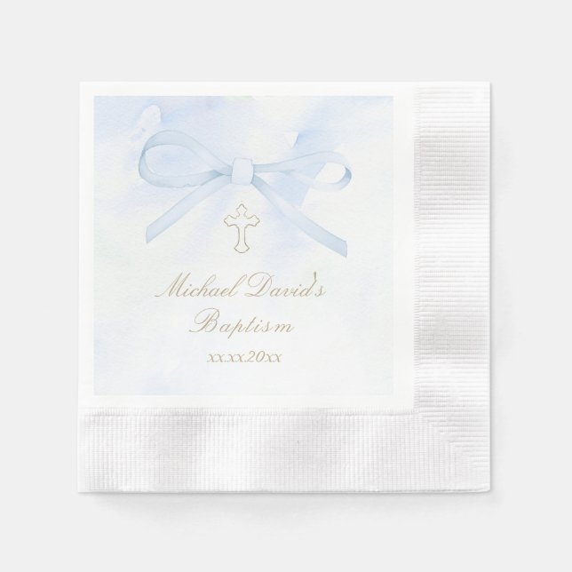 Baptism watercolor blue bow napkin (Front)