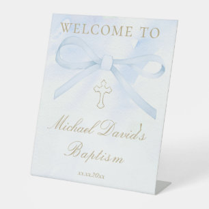 Baptism watercolor blue bow pedestal sign
