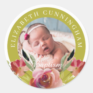 Baptism Watercolor Floral and Foliage Classic Round Sticker