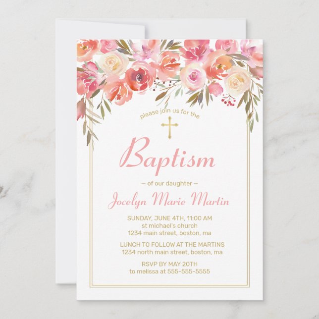 Baptism Watercolor Floral Blush Pink Rose Invitation (Front)