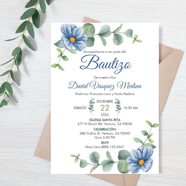 Baptism Watercolor Green Leaves and Blue Flowers Invitation (Creator Uploaded)