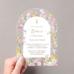 Baptism watercolor meadow flowers acrylic invitations
