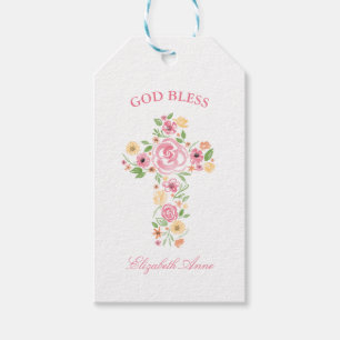 Baptism Watercolor Pink and Yellow Flower Cross Gift Tags