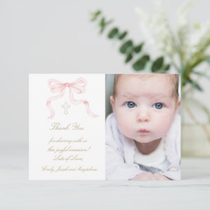 Baptism watercolor pink bow thank you card