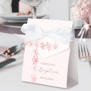 Baptism watercolor pink flowers cross favour box