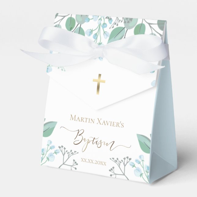 Baptism watercolor small blue flowers favour box (Front Side)
