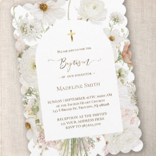 Baptism watercolor white flowers bouquet invitation