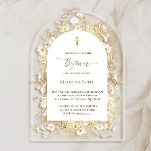 Baptism watercolor white yellow flowers acrylic invitations