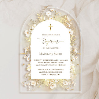 Baptism watercolor white yellow flowers acrylic invitations