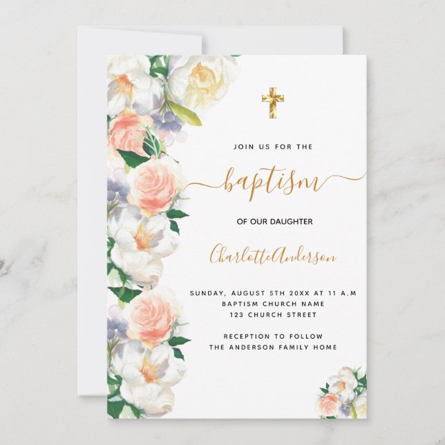 Baptism watercolored florals pink white elegant invitation (Front)