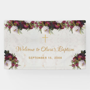 Baptism Welcome Floral Burgundy White Peony Marble Banner
