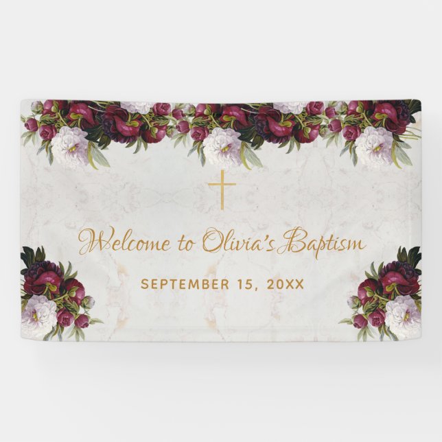 Baptism Welcome Floral Burgundy White Peony Marble Banner (Horizontal)