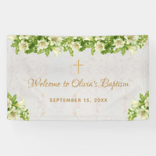 Baptism Welcome Floral White Lilies Marble Script Banner