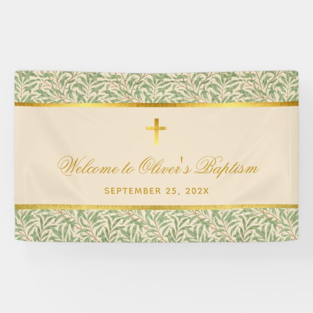 Baptism Welcome Foliage Faux Gold Green Leaves Banner (Horizontal)