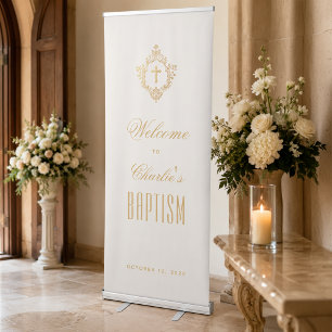 Baptism Welcome Ivory Gold Cross Crest Calligraphy Retractable Banner
