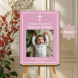 Baptism White Cross Dusty Pink 1 Photo Welcome Poster