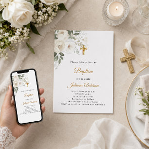 Baptism white florals gold cross neutral invitation