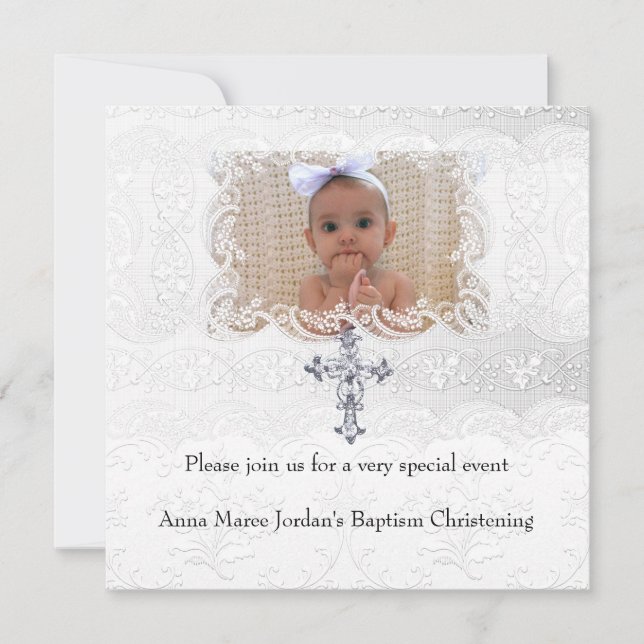 Baptism White Lace Photo Jewel Cross Invitation (Front)