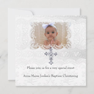 Baptism White Lace Photo Jewel Cross Invitation