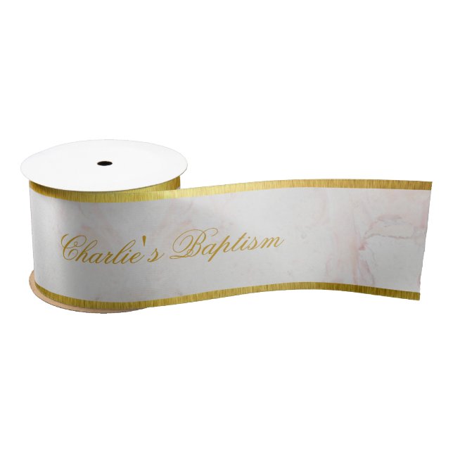 Baptism White Marble Faux Gold Elegant Calligraphy Satin Ribbon (Spool)