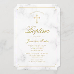Baptism White Marble Gold Cross Script Boy Invitation