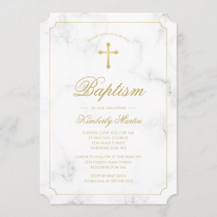 Baptism White Marble Gold Cross Script Invitation