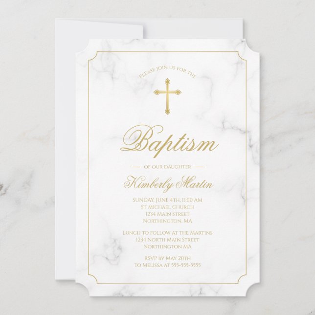 Baptism White Marble Gold Cross Script Photo Invitation (Front)
