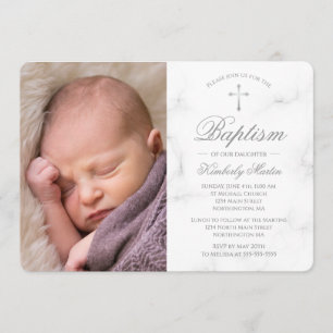 Baptism White Marble Silver Cross Photo Girl Invitation