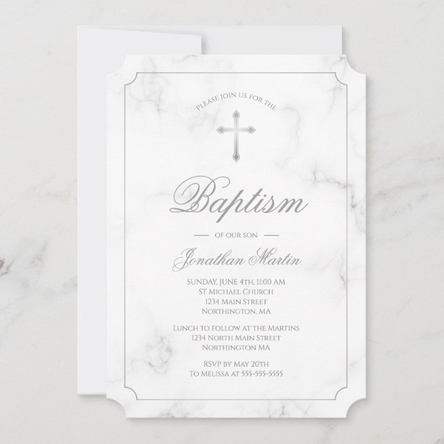 Baptism White Marble Silver Cross Script Boy Invitation (Front)