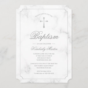 Baptism White Marble Silver Cross Script Invitation