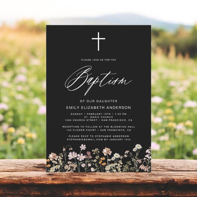  Baptism Wildflower Black Script  Invitation (Creator Uploaded)
