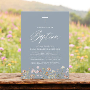 Baptism Wildflower Dusty Blue Script  Invitation