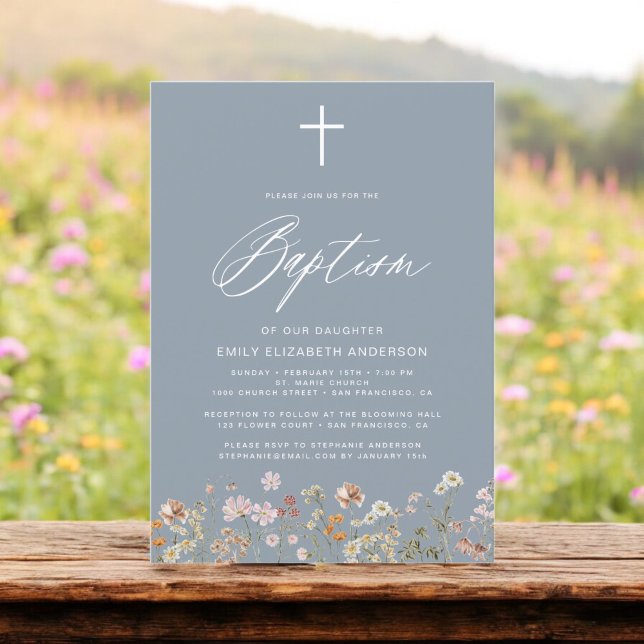  Baptism Wildflower Dusty Blue Script  Invitation (Creator Uploaded)