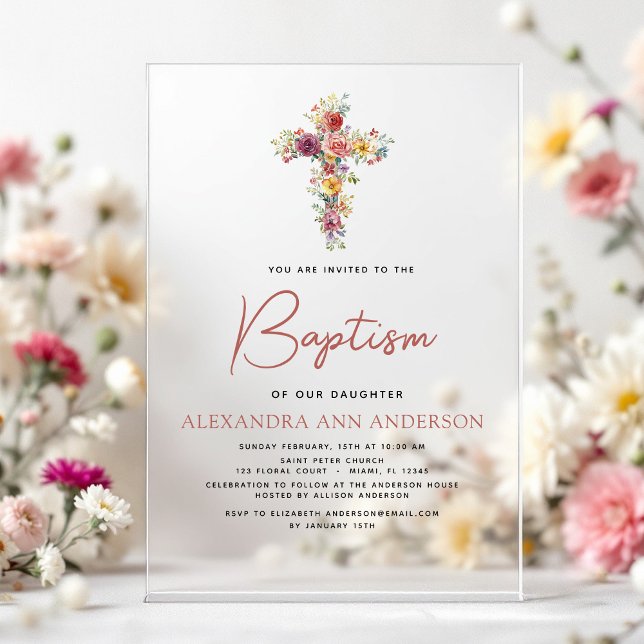 Baptism Wildflower Dusty Pink Rose Greenery Acrylic Invitations (Creator Uploaded)