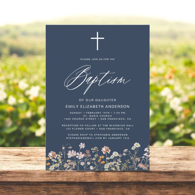  Baptism Wildflower Navy Blue Script  Invitation (Creator Uploaded)