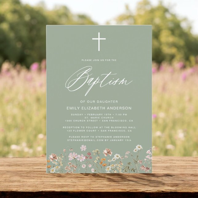  Baptism Wildflower Sage Green Script  Invitation (Creator Uploaded)