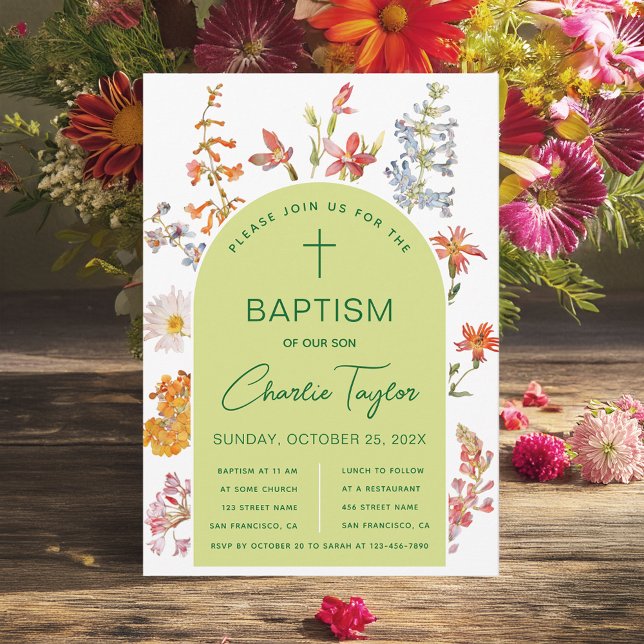 Baptism Wildflowers Green Arch Floral Christening Invitation (Creator Uploaded)