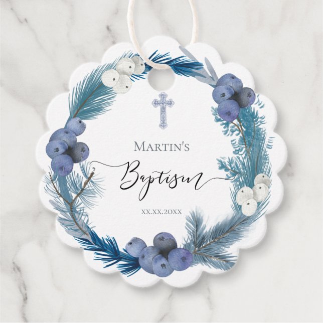 Baptism winter blue wreath favour tags (Front)