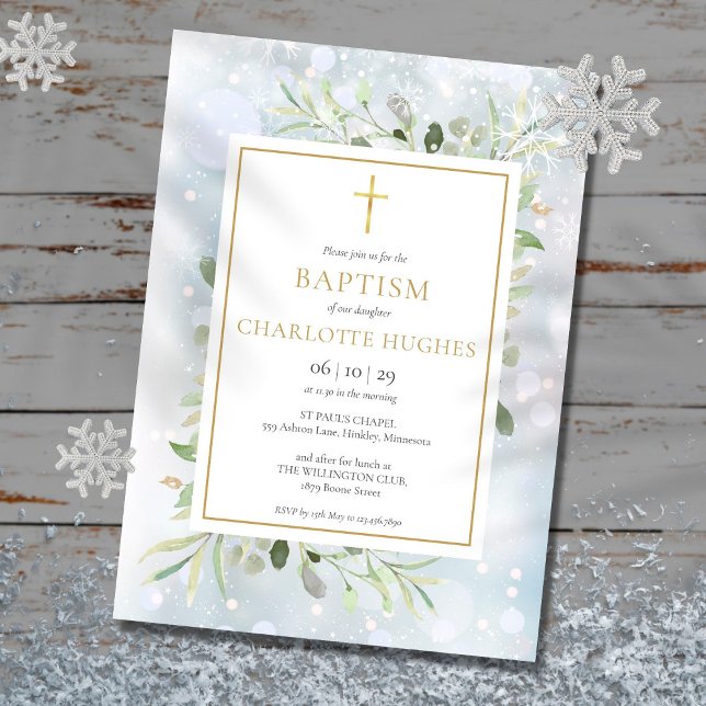 Baptism Winter Snowflakes Watercolor Greenery Invitation (Creator Uploaded)