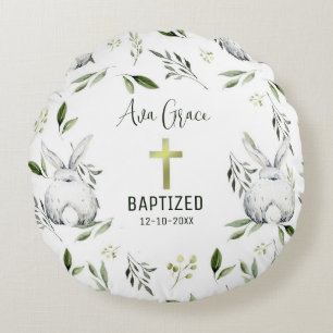 Baptism with Cross, Bunny Round Cushion
