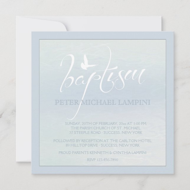 Baptism Word With Dove Blue Invitation (Front)