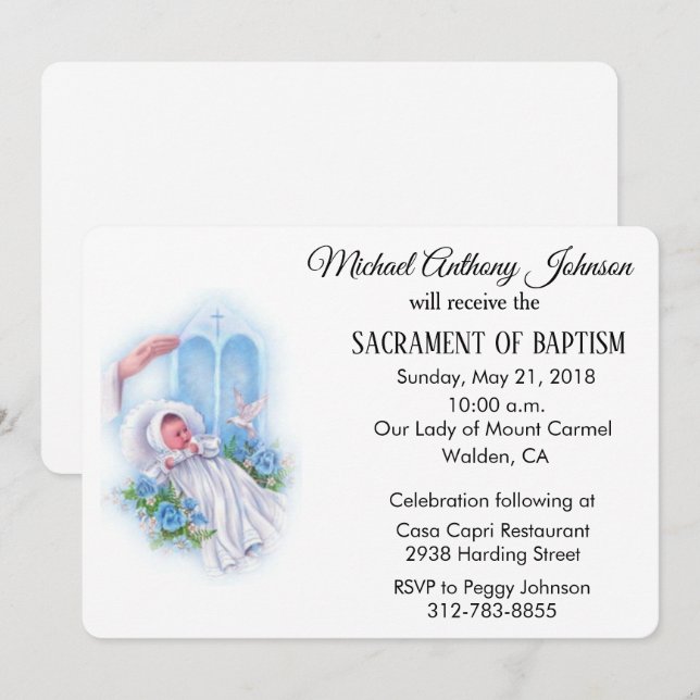 Baptismal Baby Boy Blue Flowers Invitation (Front/Back)