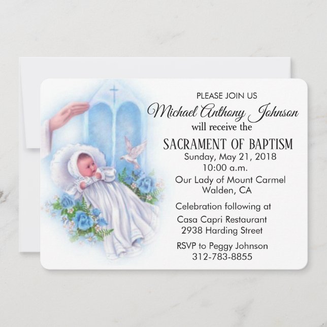 Baptismal Baby Boy Blue Flowers Invitation (Front)