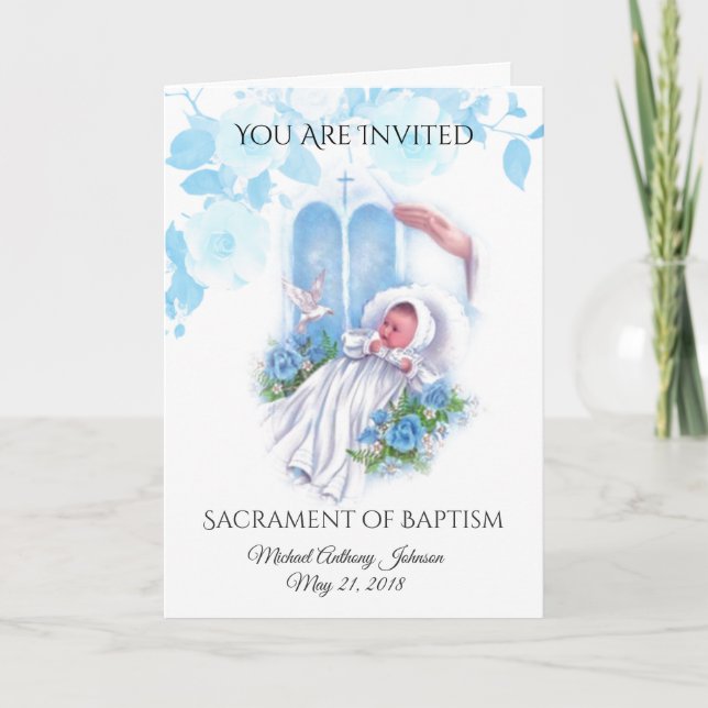 Baptismal Baby Boy Blue Flowers Invitation Card (Front)