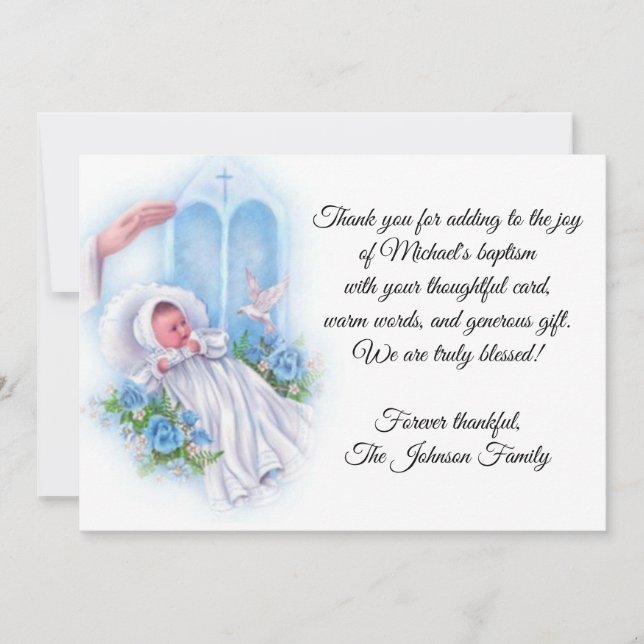 Baptismal Baby Boy Blue Flowers Thank You (Front)