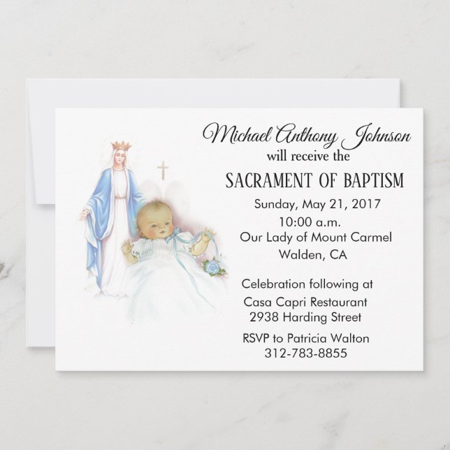 Baptismal Baby Boy Vintage Virgin Mary Invitation (Front)