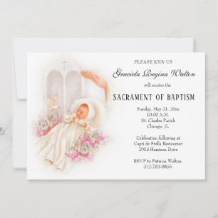 Baptismal Baby Girl Pink Flowers Invitation