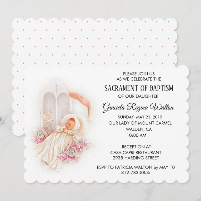 Baptismal Baby Girl Pink Flowers Invitation (Front/Back)