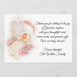 Baptismal Baby Girl Pink Flowers Thank You Card
